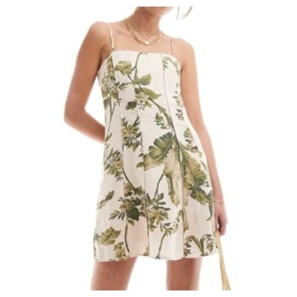 & Other Stories Linen Tropical Palm Print Mini Dress Los Angeles Atelier US 10